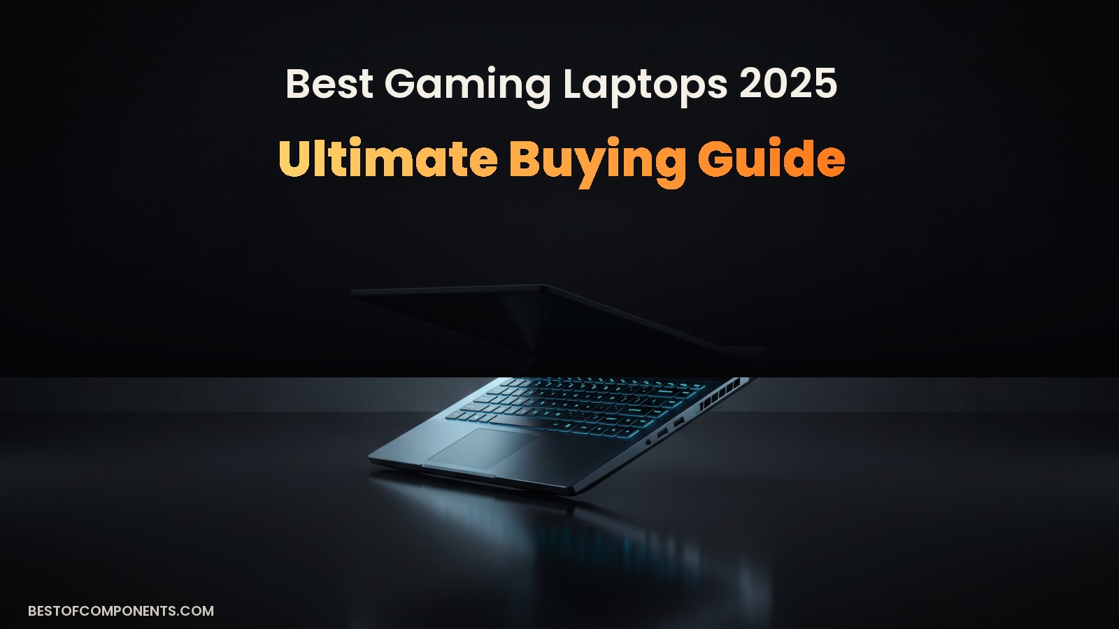 A gaming laptop shown half-open with blue keyboard backlighting, in low light