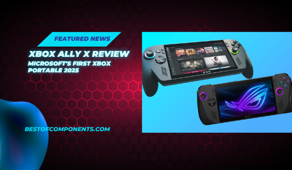 Two ROG Xbox Ally handheld gaming devices, one showing a game library and one showing a glowing ROG logo