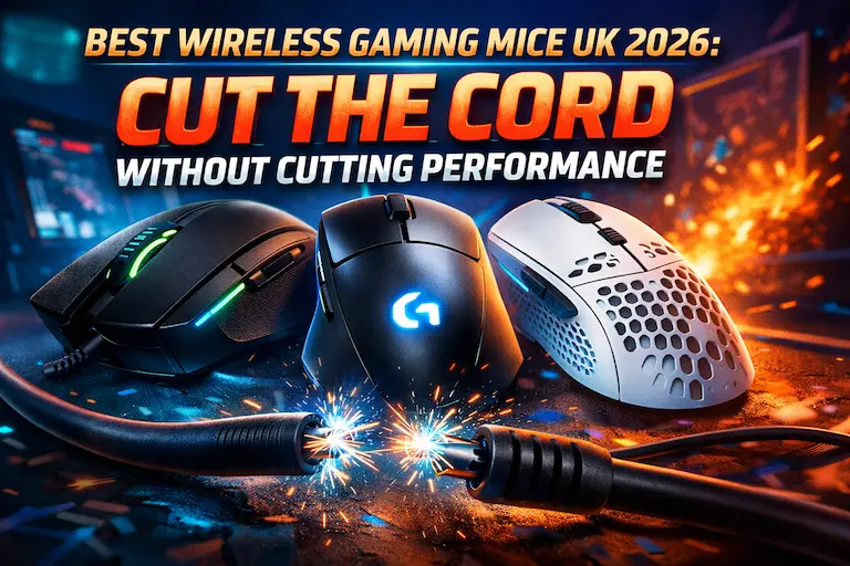 Three wireless gaming mice with a cut USB cable throwing sparks between them