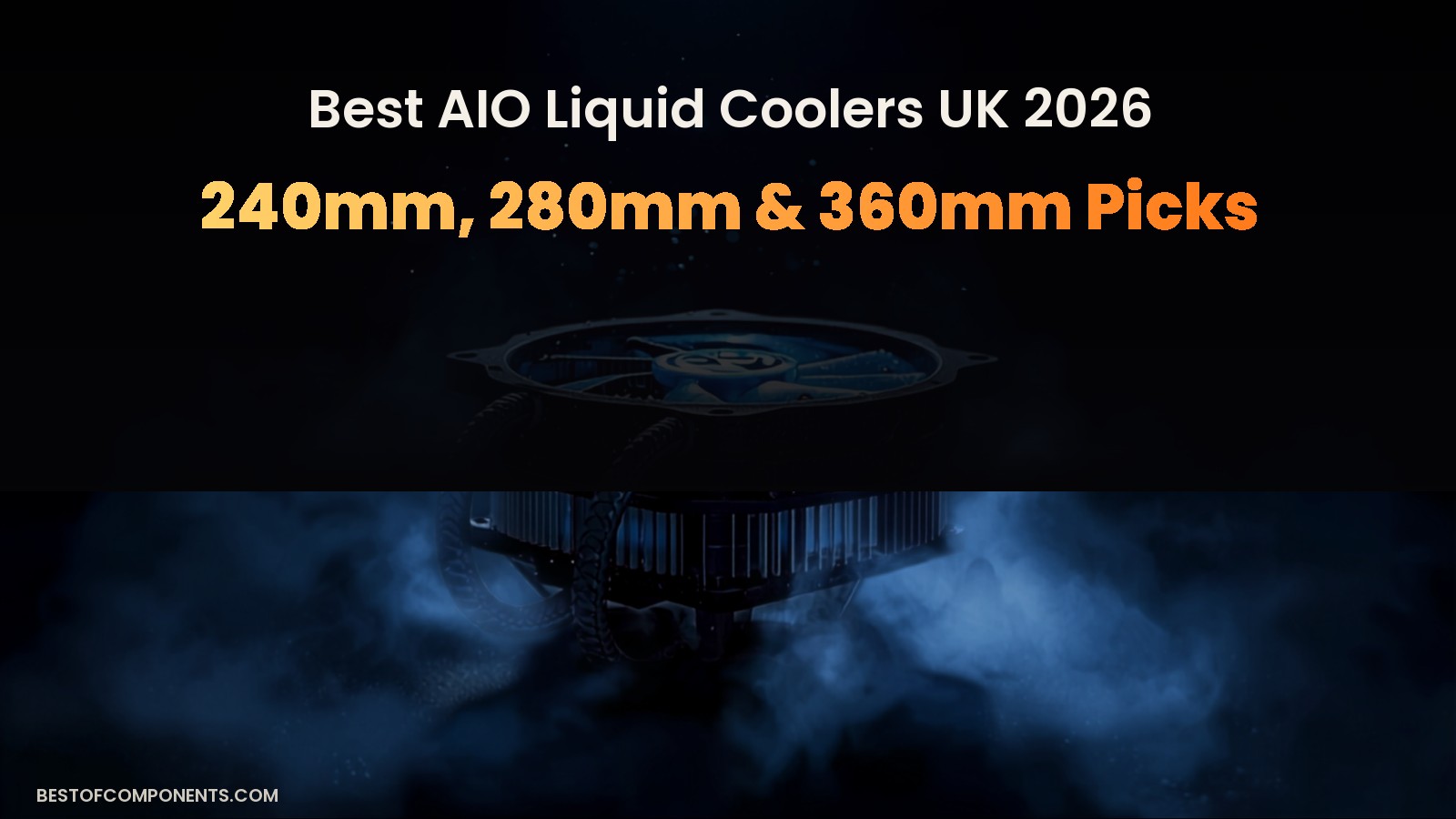 An AIO liquid cooler radiator and pump with blue lighting, surrounded by mist