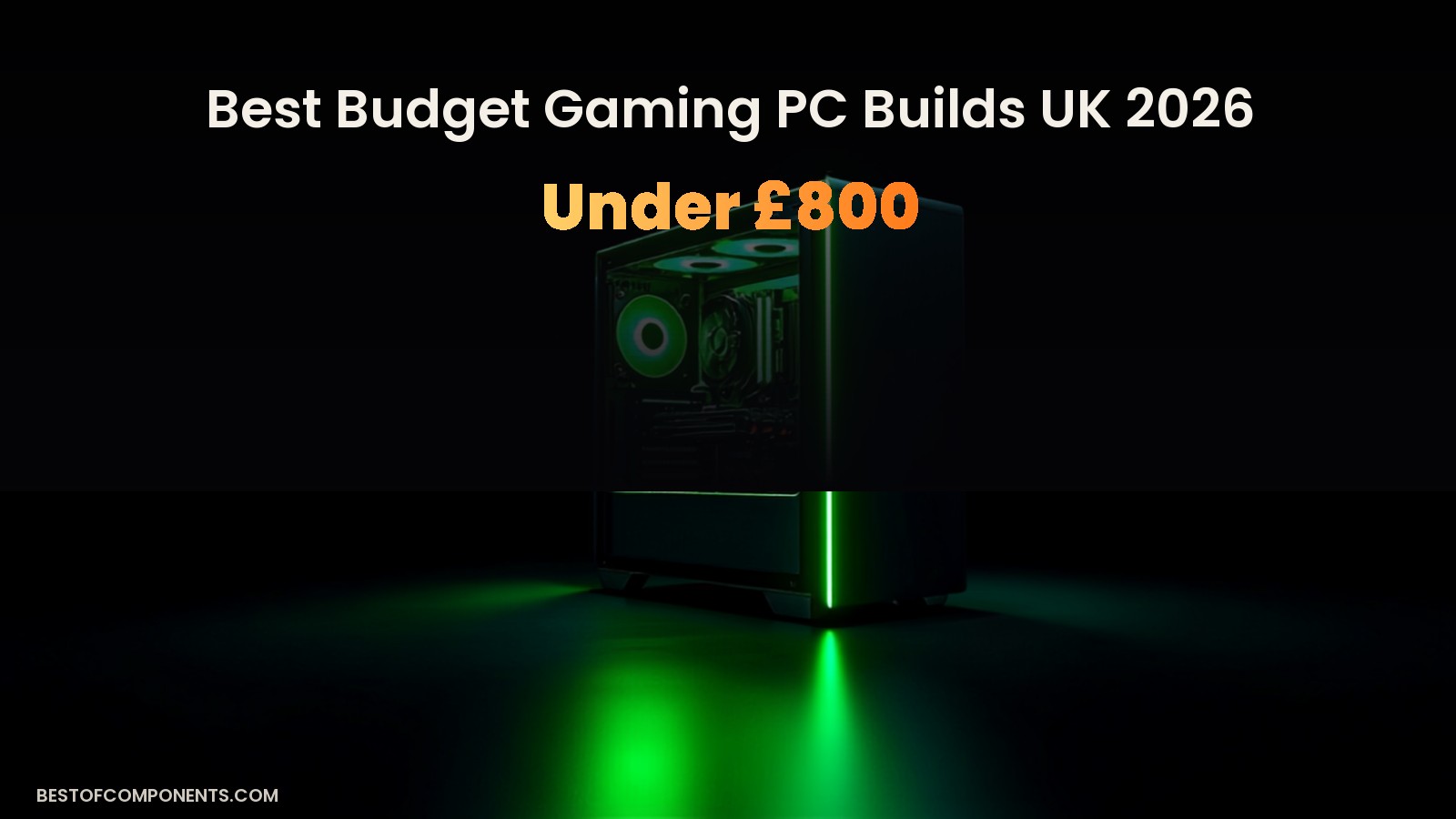 Compact gaming PC case with green RGB accent lighting and visible internal fans, shot from a low angle