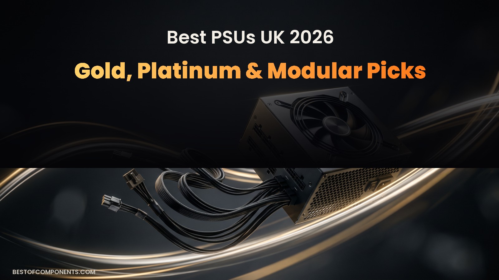 A modular power supply unit with black and gold braided cables coiled beside it